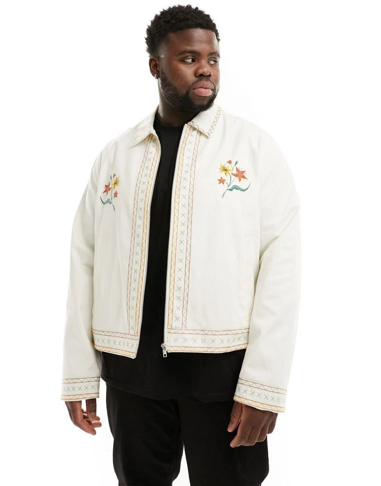 ASOS ASOS DESIGN cropped harrington jacket with embroidery in ecru 2