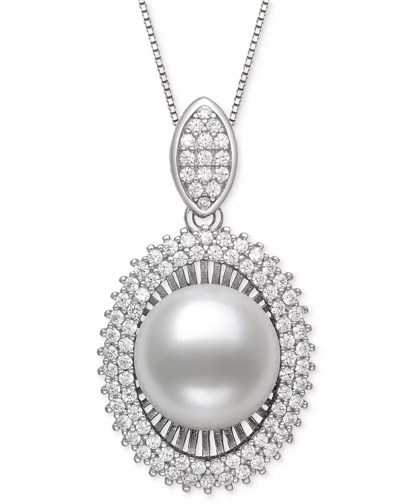 Belle de Mer Peacock Black Cultured Freshwater Pearl (10mm) & Cubic Zirconia 18" Pendant Necklace in Sterling Silver (Also in White Cultured Freshwater Pearl)