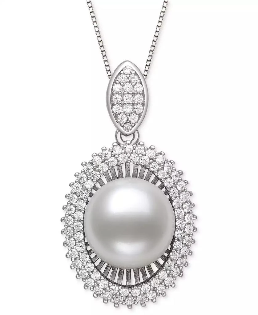 Belle de Mer Peacock Black Cultured Freshwater Pearl (10mm) & Cubic Zirconia 18" Pendant Necklace in Sterling Silver (Also in White Cultured Freshwater Pearl) 1