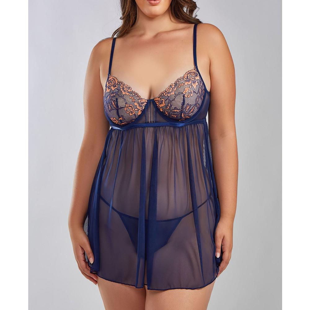 iCollection Lana Plus Size Underwire Soft Lace and Mesh Babydoll Lingerie Set, 2 Piece