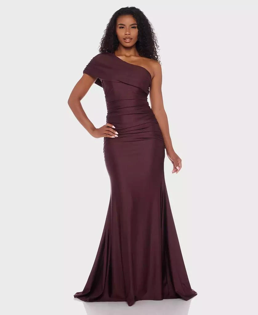 Juniors' One-Shoulder Draped Floor-Sweeping Gown – On Sale Now