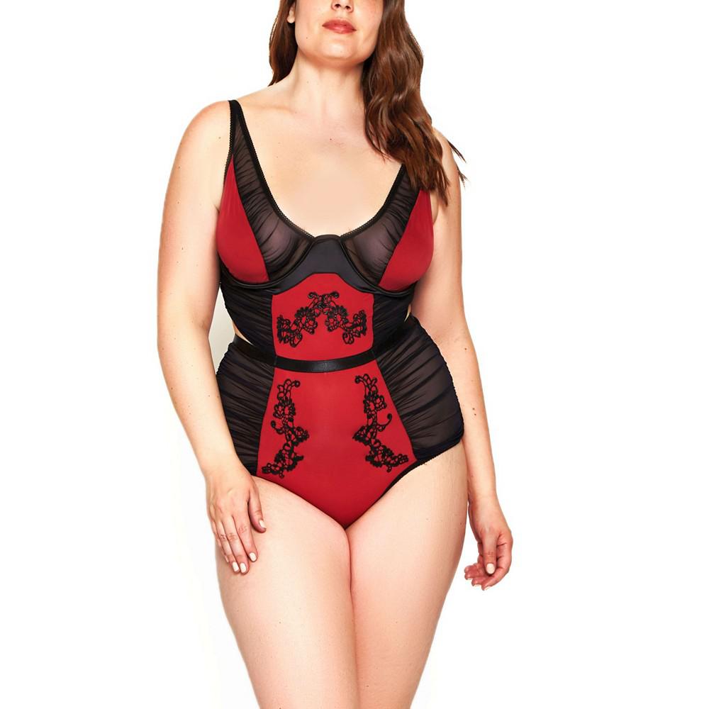 iCollection Women's Plus Size Mesh Rushed Bodysuit Lingerie with Applique and Contrast Panels
