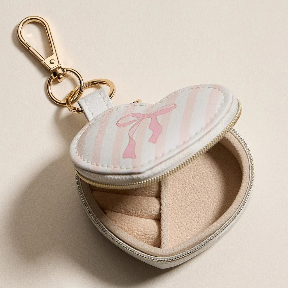 FASHNZFAB Bow Accent Striped Printed Heart Shaped Jewelry Case Keychain Bag Charm 3