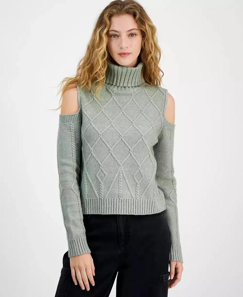 Derek Heart Derek Heart Juniors' Cable-Knit Cold-Shoulder Sweater 1