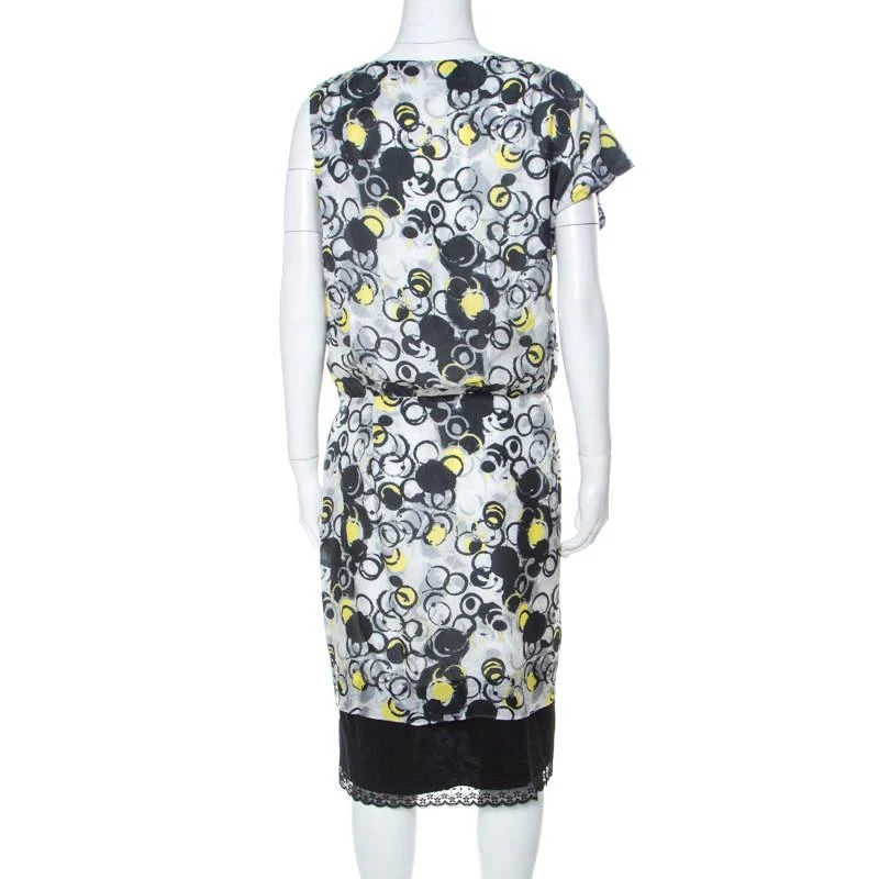 Gianfranco Ferre GF Ferre Multicolor circle Print Silk Lace Detail Asymmetric Shoulder Dress L 3