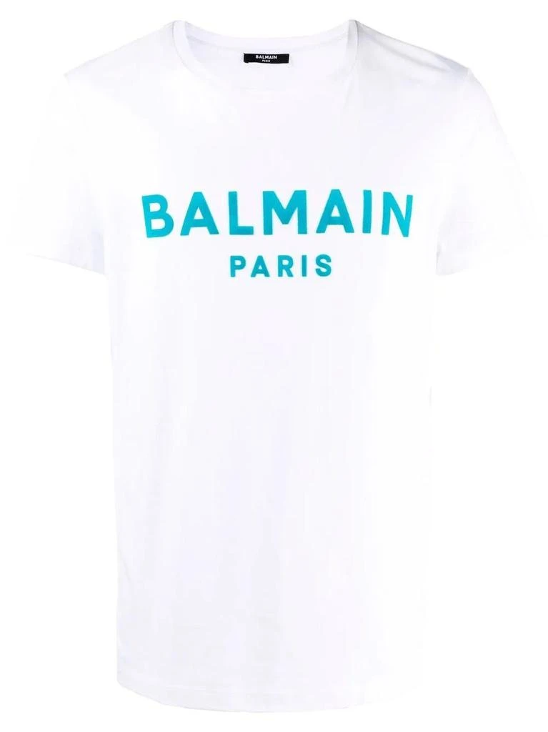 Balmain White cotton T-shirt with blue Balmain Paris logo print 1