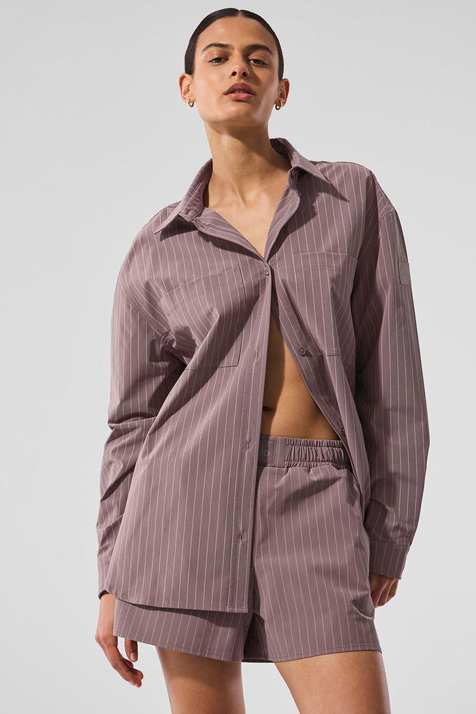 Alo Pinstripe Daylight Button Down Long Sleeve - Mushroom/Ivory