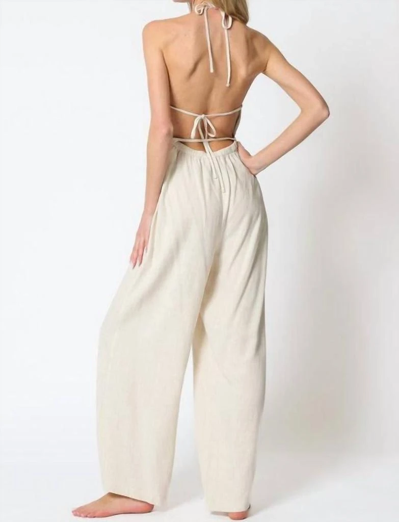 Aakaa Iris Cowl Tie Back Neck Backless Belted Jumpsuit In Cream 2
