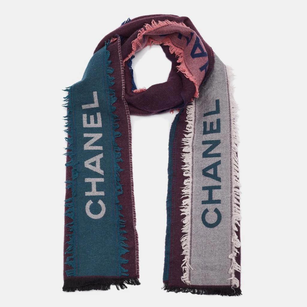 Chanel Chanel Multicolor Logo Pattern Cashmere and Silk Raw Edge Scarf 2