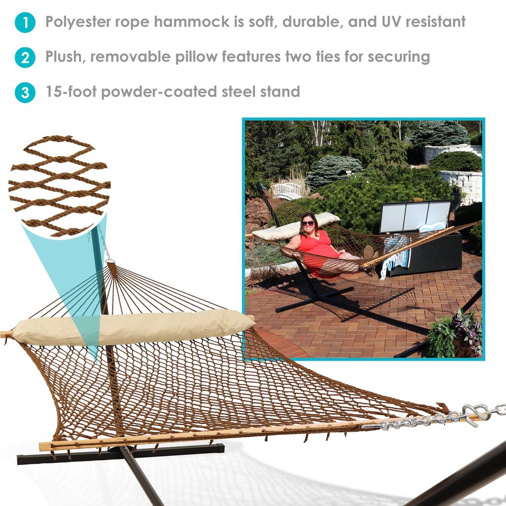 Sunnydaze Large Double Wide Two-Person Polyester Rope Hammock with Steel Stand - 400 lb Weight Capacity/15' Stand - Brown