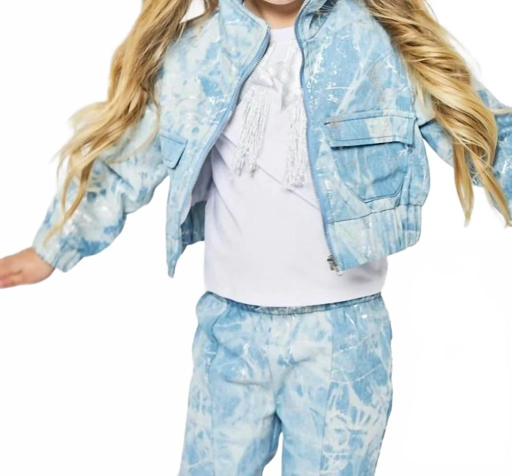 Baby Sara Girls Metallic Printed Denim Bomber Jacket In Light Blue