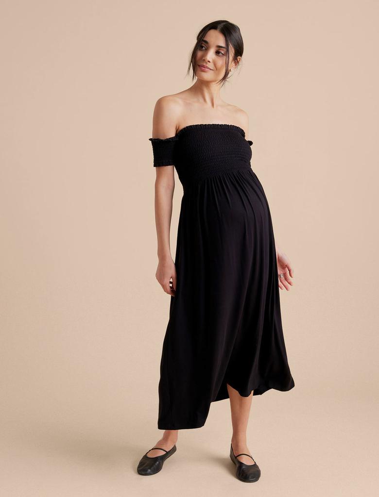 A Pea in the Pod Smocked Off The Shoulder Maternity Maxi Dress