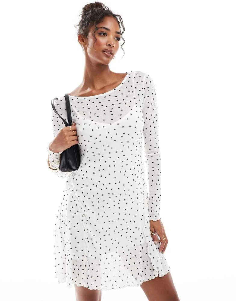 New Look New Look mesh long sleeve mini dress in cream spot 1