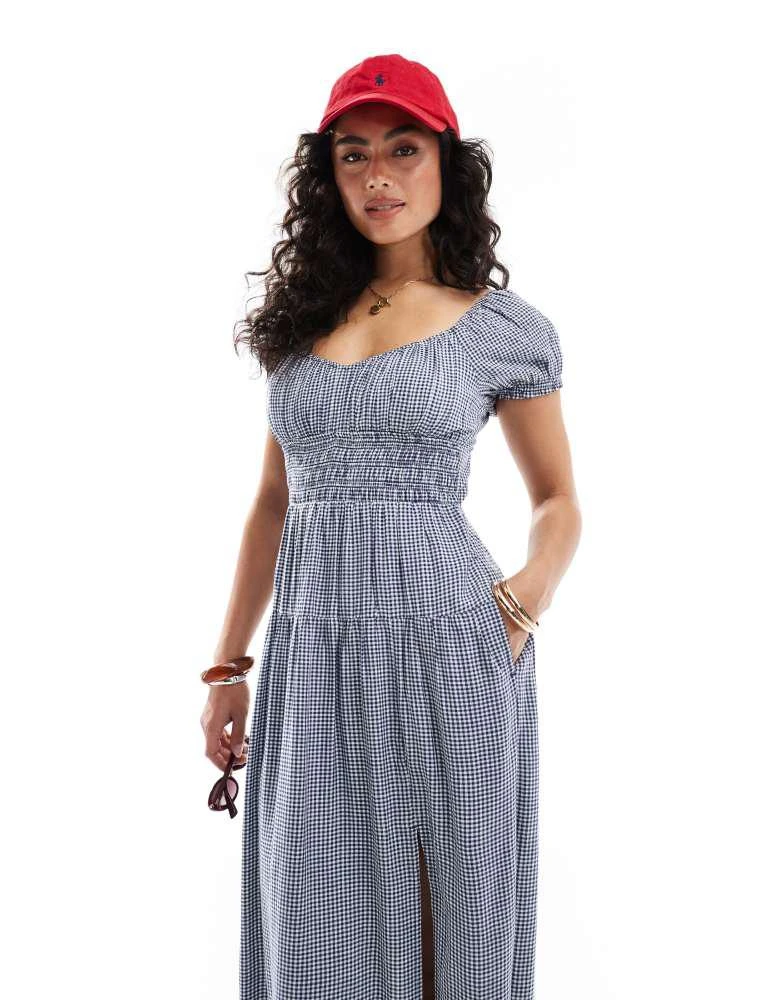 HOLLISTER Hollister short sleeve milkmaid smocked waist maxi dress in blue picnic 4
