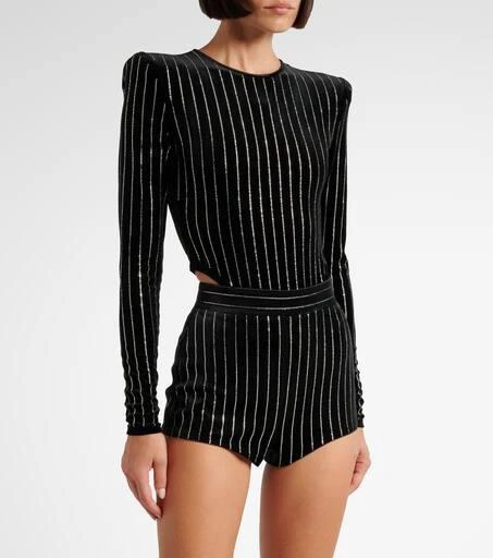 Alex Perry Crystal-embellished pinstripe velvet bodysuit 2