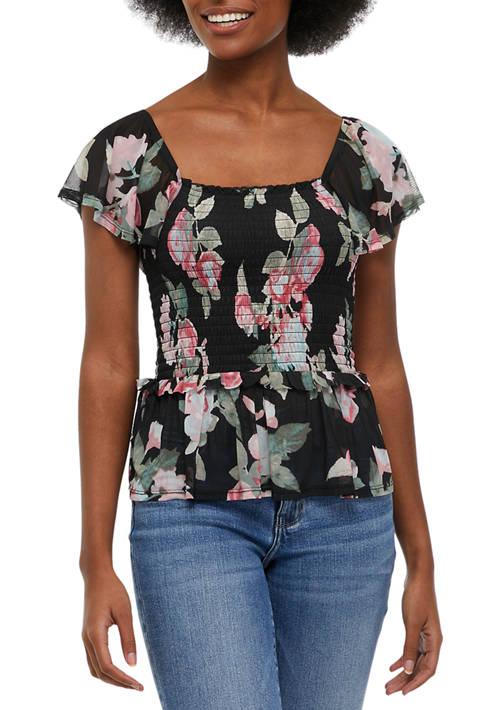 American Rag Rag Womens Flutter Sleeve Floral Smocked Top