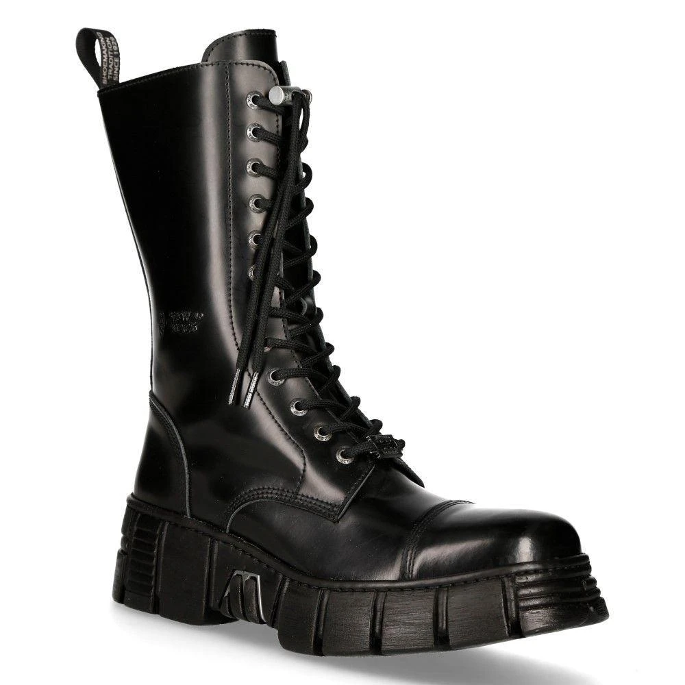 NewRock Black Leather Mid-Calf Tower Biker Boots-M-WALL127N-C1 1