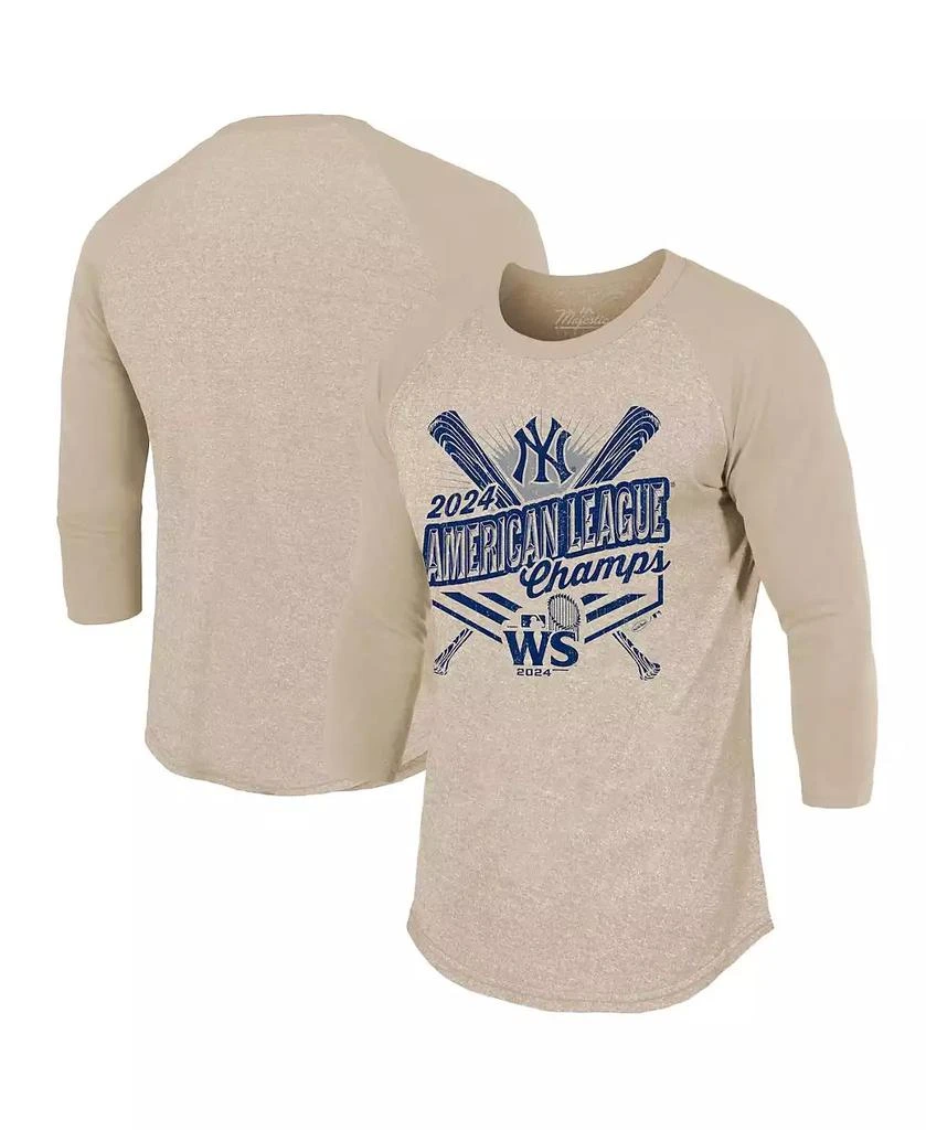 Majestic Men's Oatmeal New York Yankees 2024 American League Champions 3/4-sleeve Tri-blend Raglan T-shirt 1