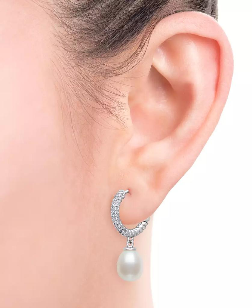 Belle de Mer Cultured Freshwater Pearl (7-8mm) Charm Lab-Created Sapphire (1/6 ct. t.w.) Hoop Earrings in Sterling Silver