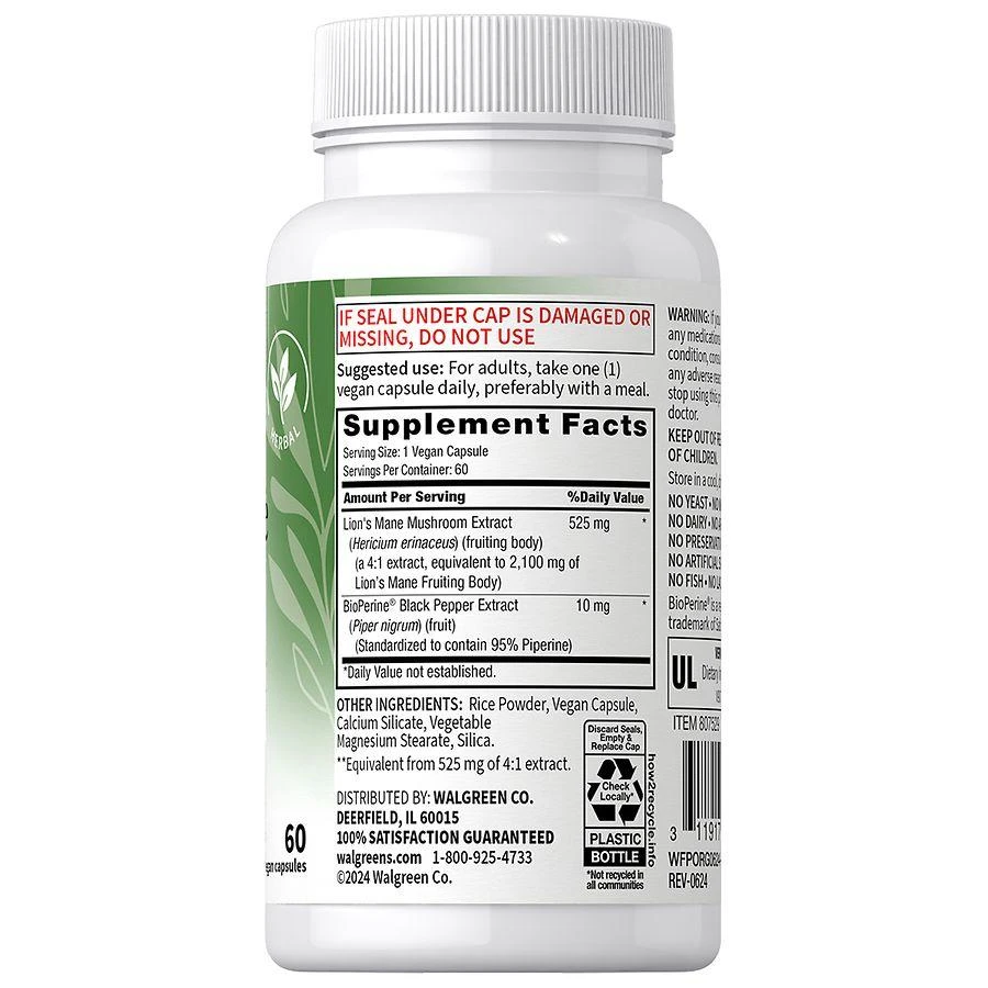 Walgreens Free & Pure Lion's Mane Mushroom Capsules 3