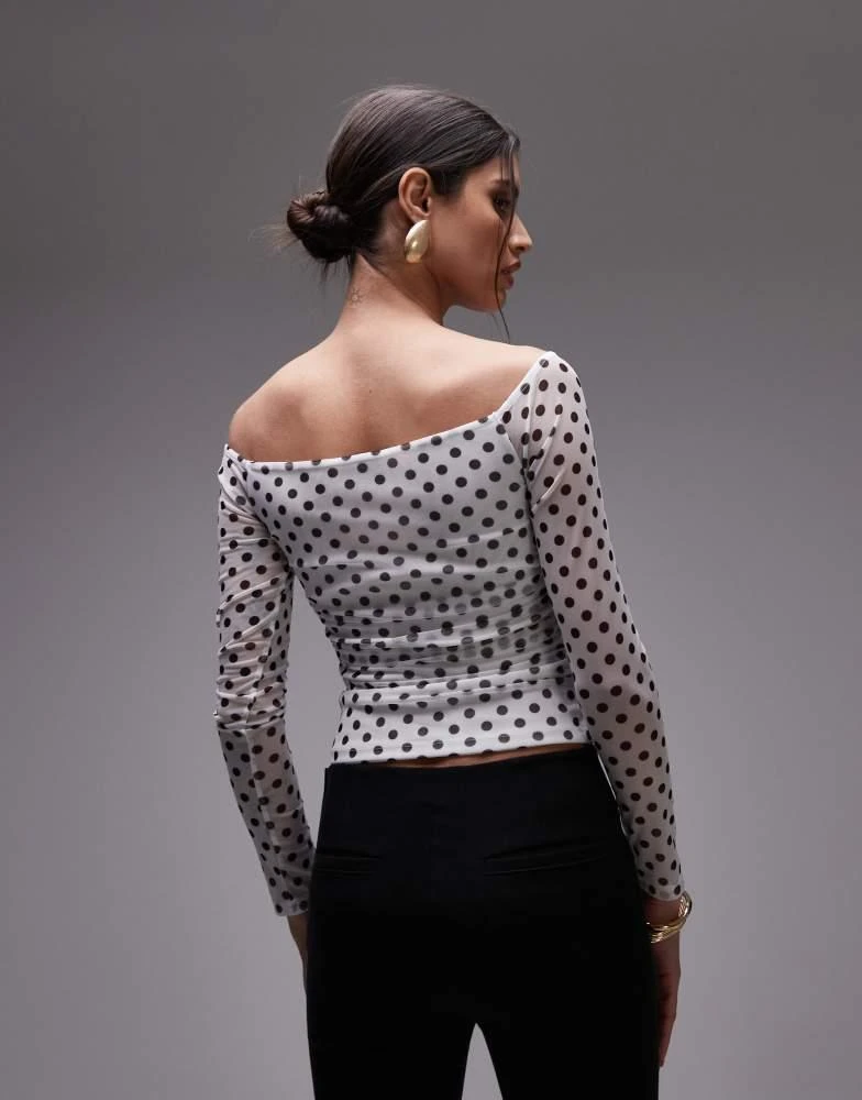ASOS ASOS DESIGN mesh wrap bardot top in white polka dot 4