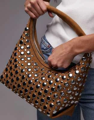Topshop Topshop Samantha studded shoulder bag in tan 3