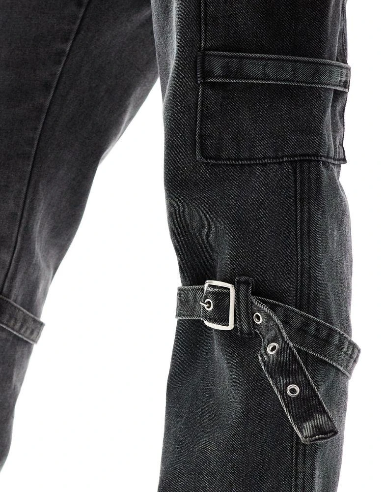 Liquor N Poker Liquor N Poker relaxed cargo jean with strap in black wash 4