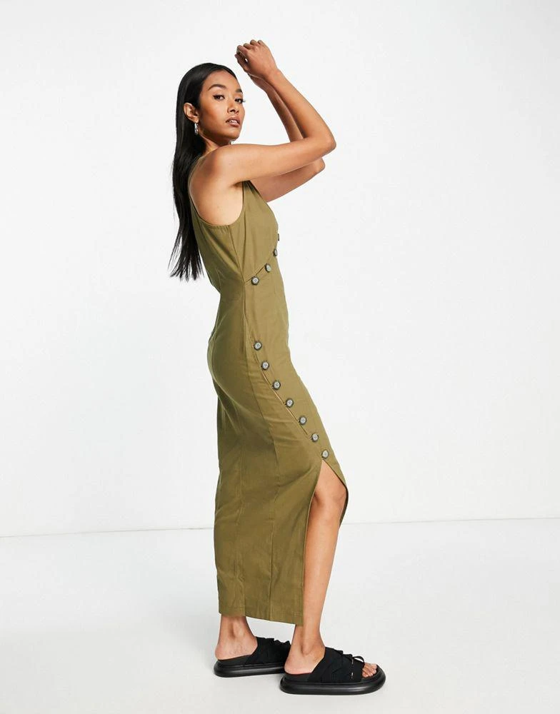 ASOS ASOS DESIGN asymmetric horn button twill maxi dress with split detail in khaki 4