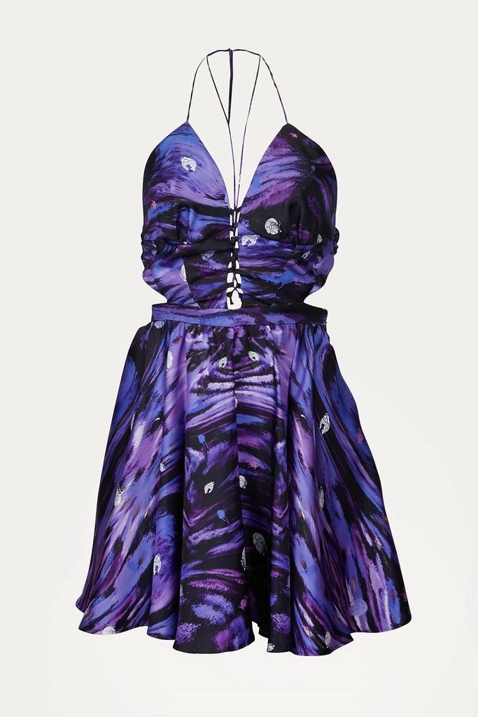 VIDEMUS OMNIA Zeta Lace-Up Cutout Halterneck Mini Dress In Purple/blue