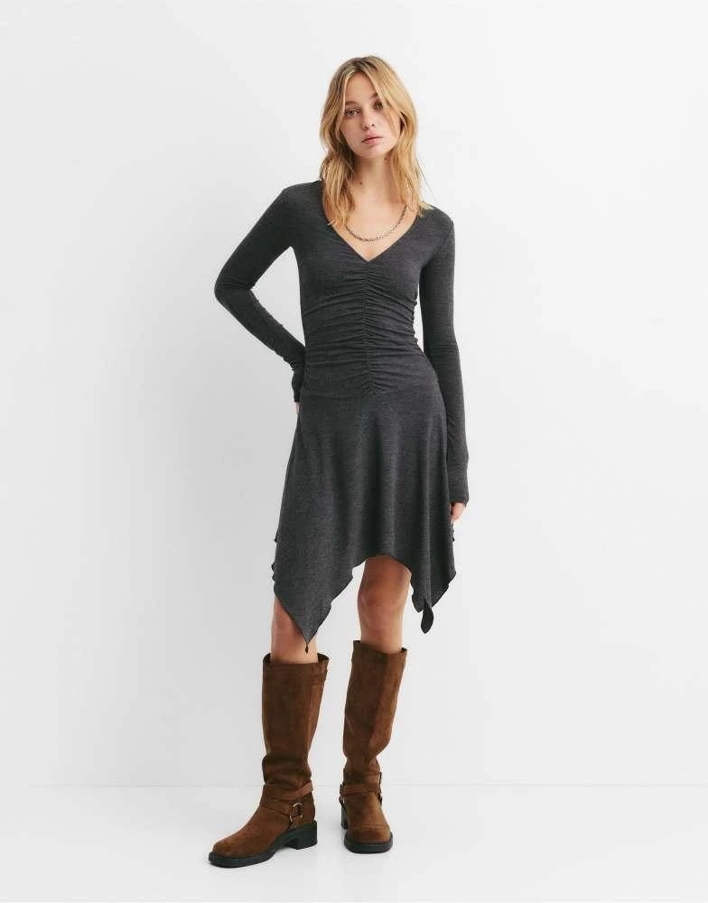 Pull&Bear Pull&Bear Asymmetric midi gathered dress in grey