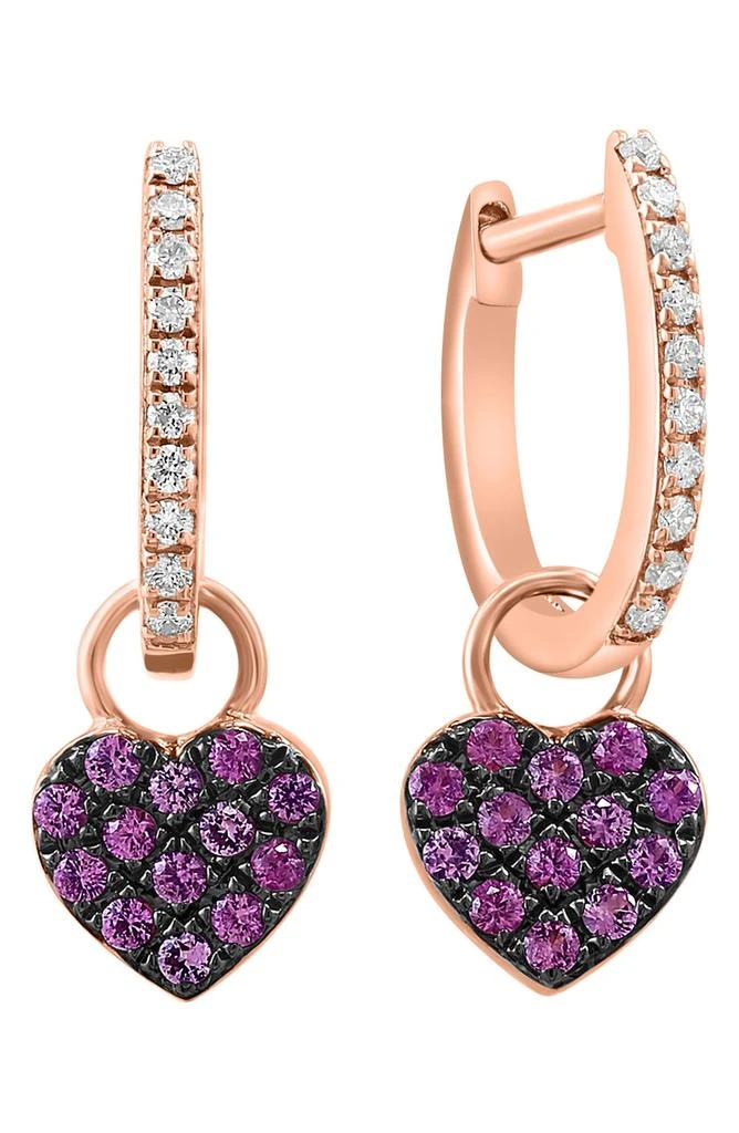 Effy 14K Rose Gold Diamond & Pavé Pink Sapphire Heart Drop Huggie Hoop Earrings - 0.14ct. 2