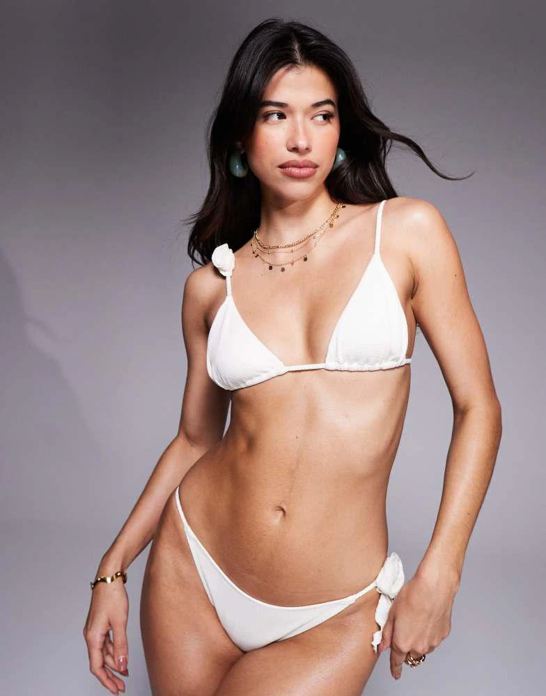 ASOS ASOS DESIGN triangle bikini top in micro waffle with corsage detail in cream