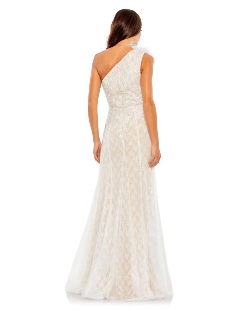 Mac Duggal Feather One Shoulder Lace Dress Formal Gown In Ivory