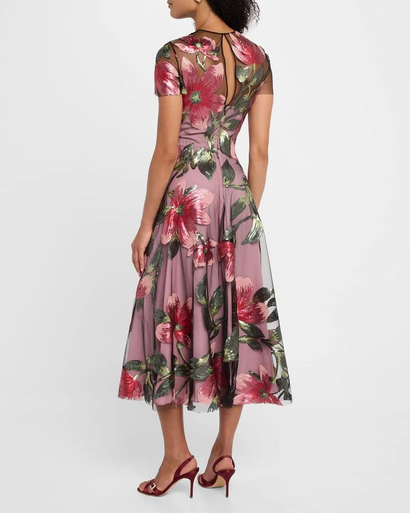 Naeem Khan Floral Matte Sequined Tulle Cap-Sleeve Cocktail Dress 3