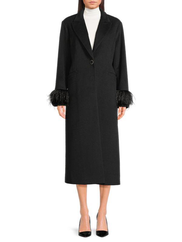 Milly Wool-Blend Faux-Feather-Trim Coat