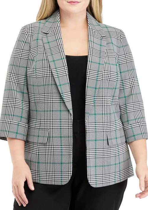 Kasper Plus Size 3 4 Sleeve Open Front Plaid Jacket With Flap Pockets 1