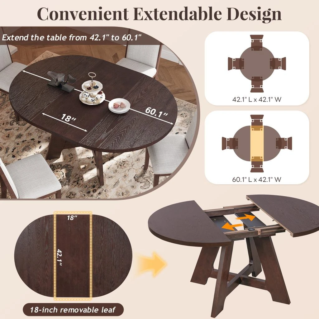 Streamdale Furniture Streamdale Farmhouse Extendable Round Dining Table Set for 4 with Leaf 
4 Chairs 5