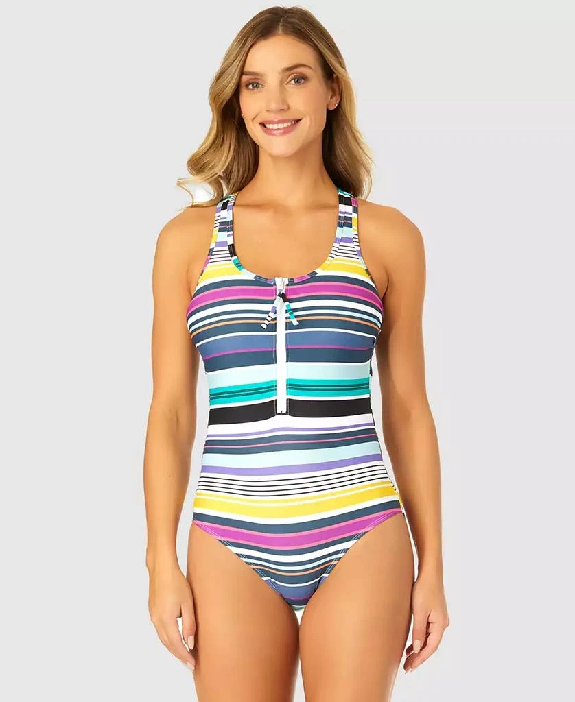 Anne Cole Women's Barcode Stripe Zip-Front Racerback One-Piece Swimsuit 3