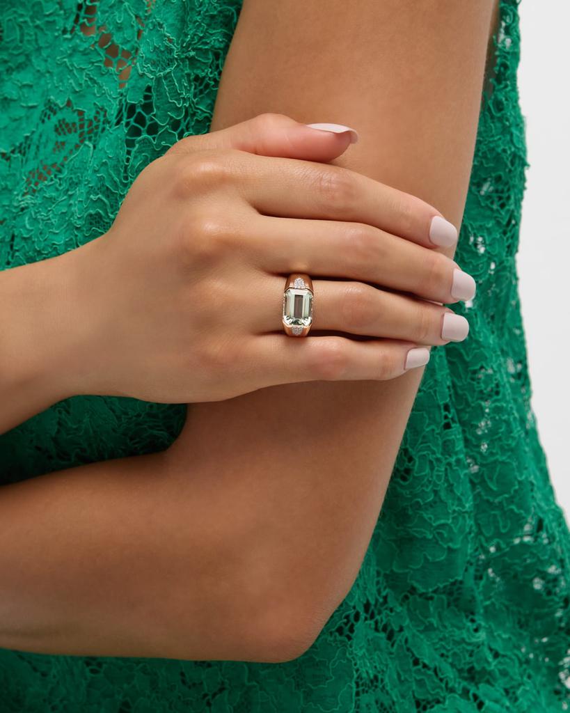 Piranesi 18K White and Rose Gold Emerald Cut Green Amethyst Ring with Pave Diamonds, Size 6.5