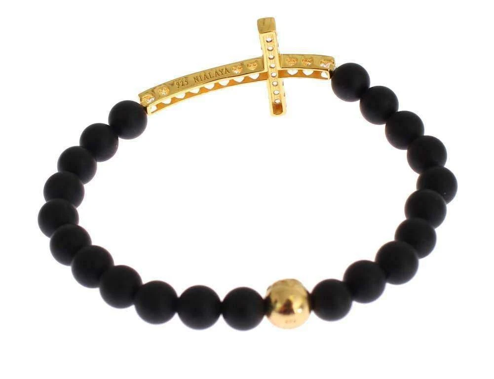 Nialaya Nialaya Matte Onyx Stone Gold CZ Cross 925 Silver Bracelet 7