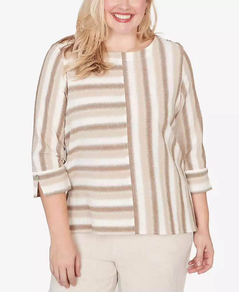 Alfred Dunner Petite Natural Wonder Spliced Stripe Three Quarter Sleeve Top