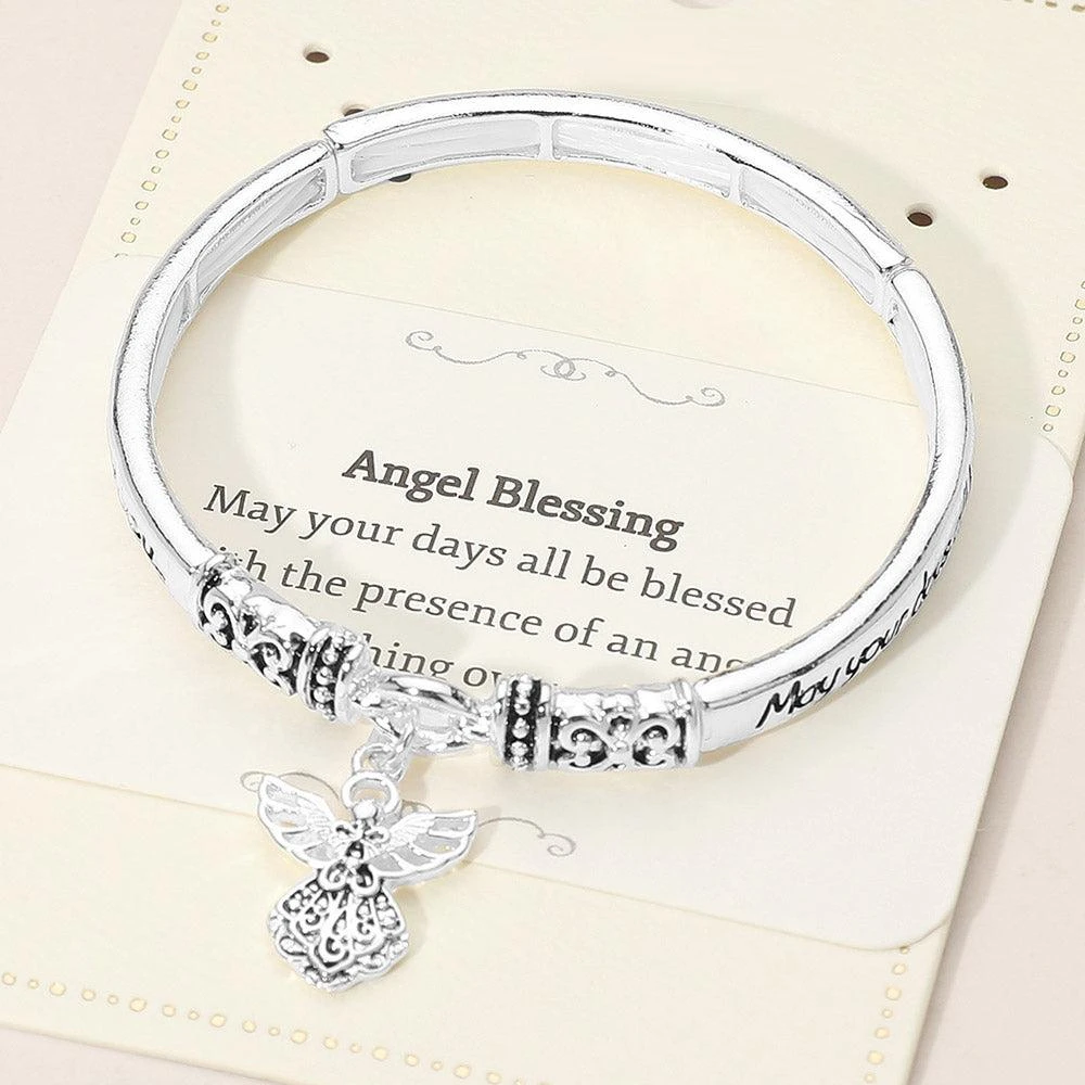 FASHNZFAB Angel Blessing Inspirational Religious Message Angel Charm Stretch Bangle Bracelet