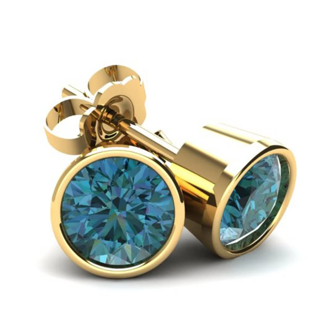 Pompeii3 1.00Ct Round Brilliant Cut Heat Treated Blue Diamond Stud Earrings in 14K Gold Round Bezel Setting 3