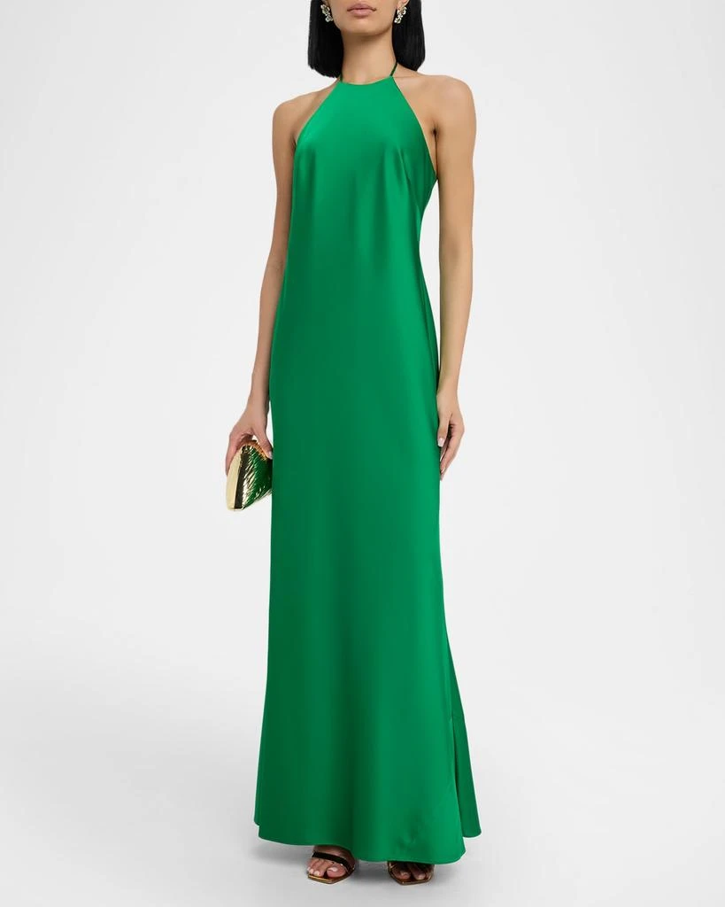 Liv Foster Low-Back Satin Halter Gown 4