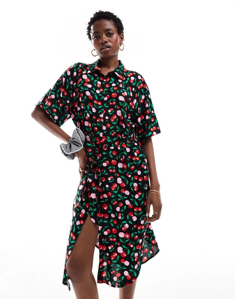Monki Monki tie waist midi shirt dress in black cherry print exclusive to ASOS 1