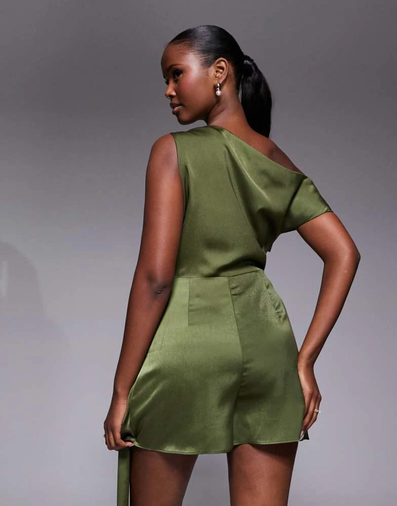 ASOS ASOS DESIGN satin scarf detail fallen shoulder playsuit in khaki 4
