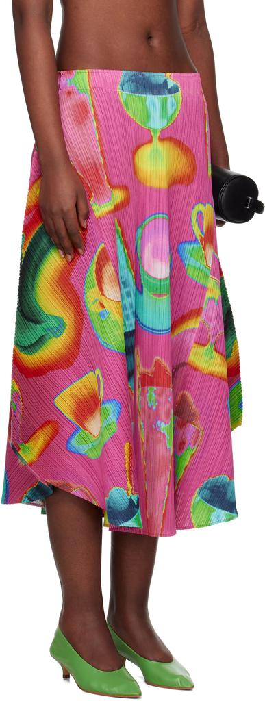Pleats Please Pink & Green Thermal Foods Midi Skirt