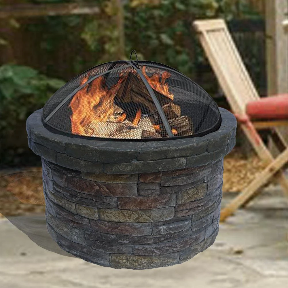 Teamson Home 26.5" Outdoor Round Stone Wood Burning Fire Pit with Steel Base 2