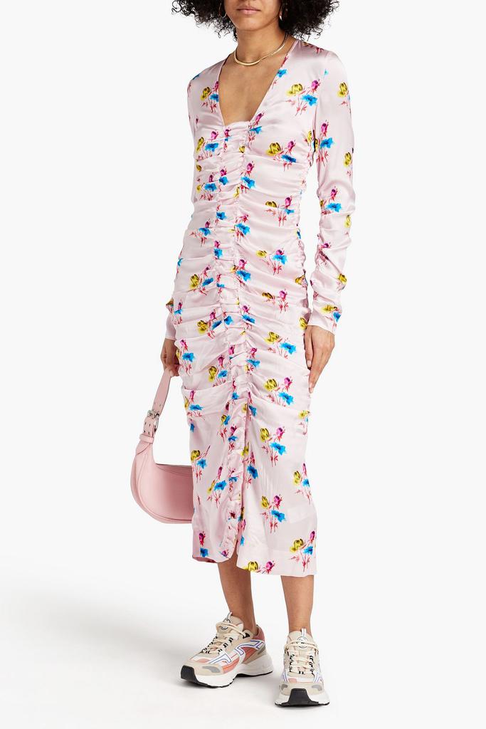 Ganni Ruched floral-print stretch-silk satin midi dress