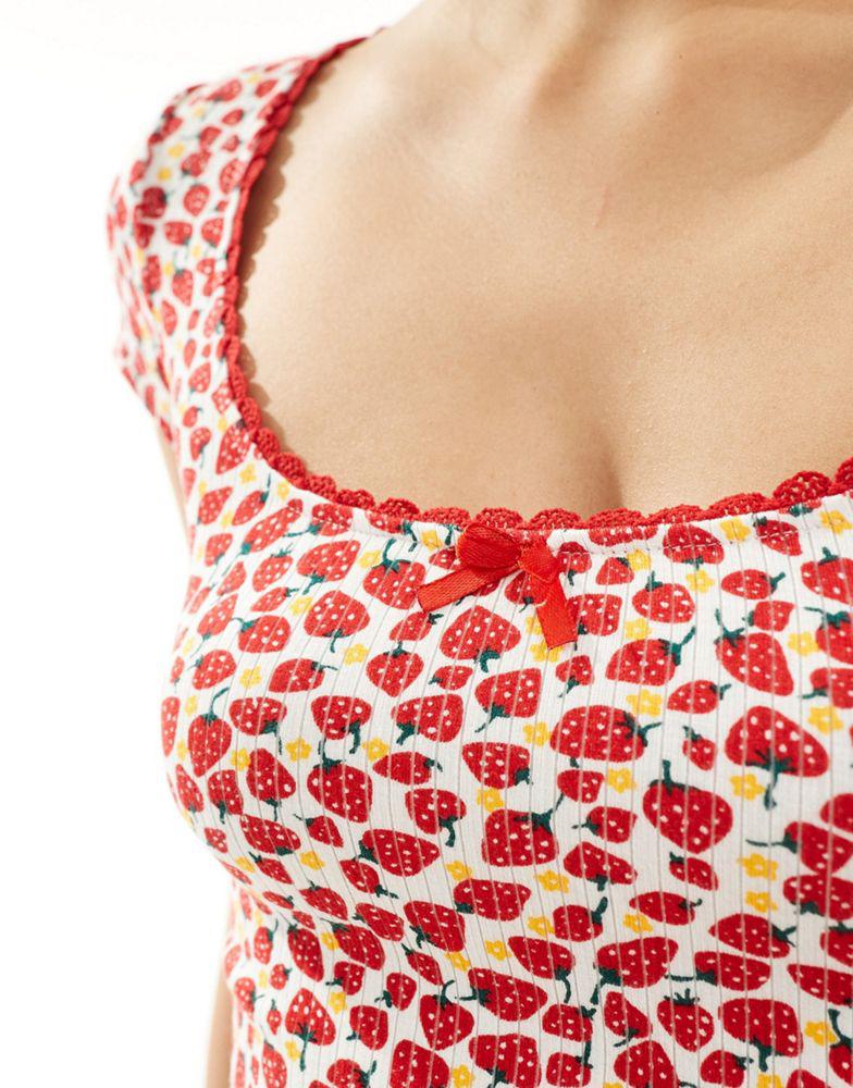 Motel Motel strawberry print bow detail top in white and red